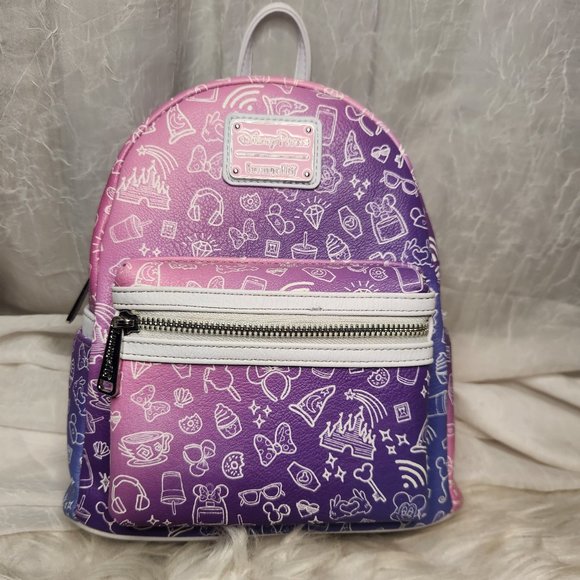 Loungefly Disney Parks Ombre Purple Pink Icons Mini Backpack Bag